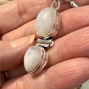 Darling 1.5 inch 2 stone pendant Rainbow Moonstone, oval and teardrop, plated